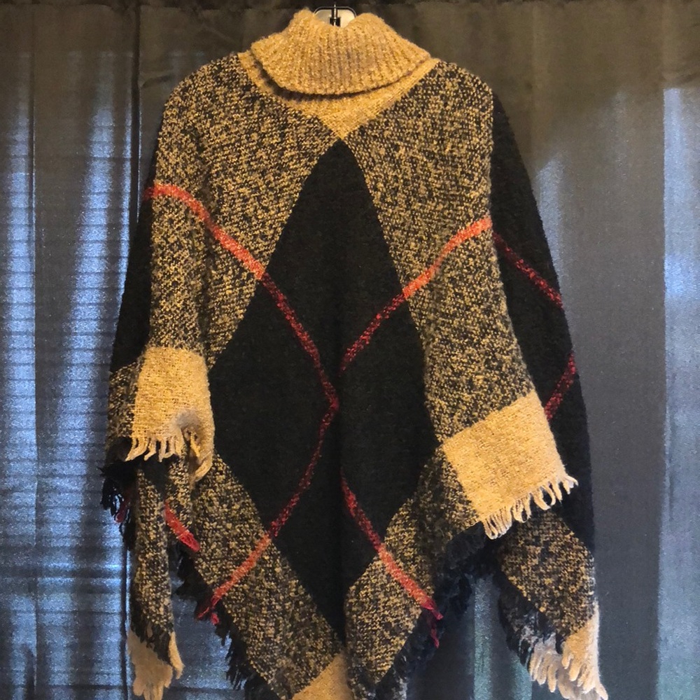 Tan/red/black plaid turtle neck knit poncho